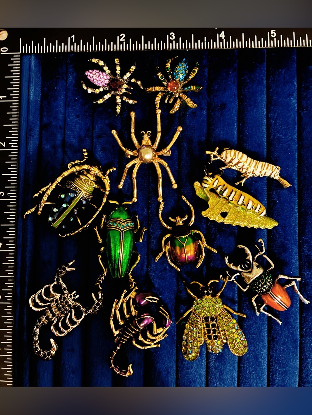 12 Pc Insect Brooch Lot Spider Beetle Scorpion Caterpillar Fly Pins Rhinestone
